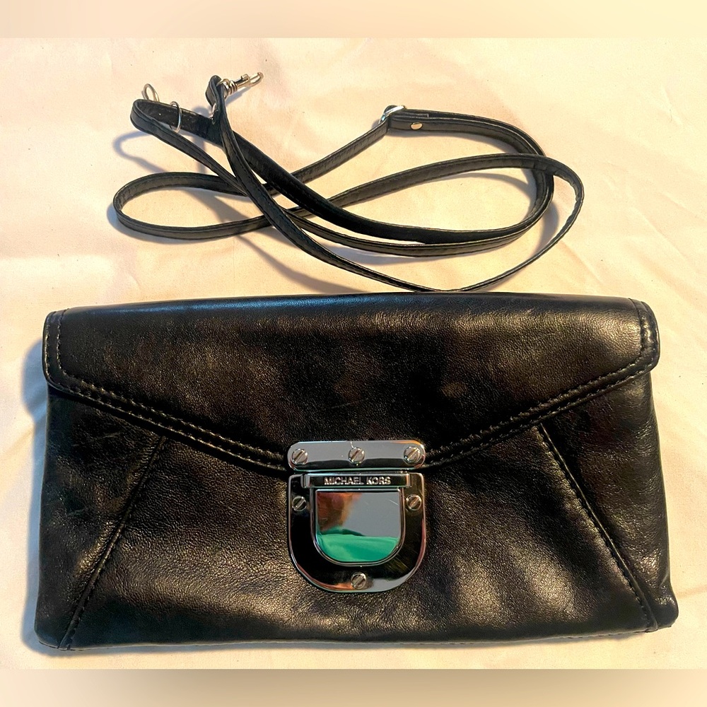 Michael Kors Small Black Leather Crossbody Clutch Soft Italian Leather Mint Rare